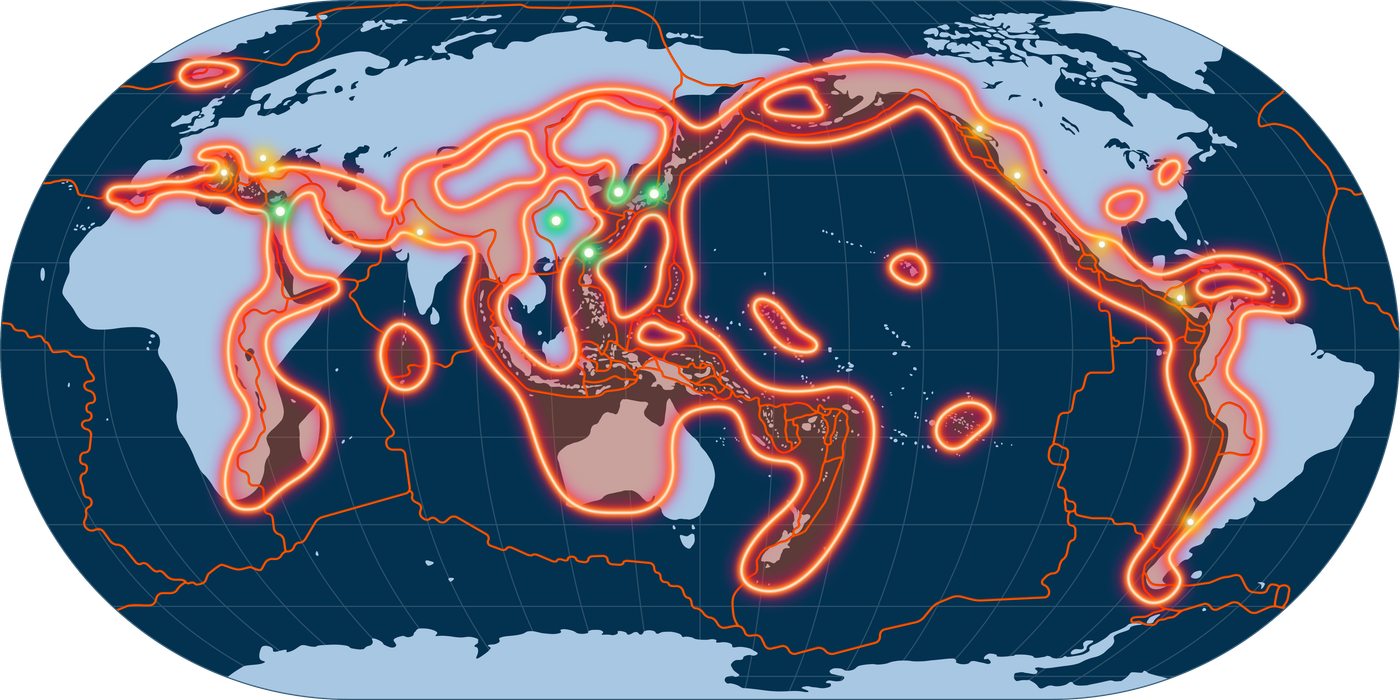 World map showing earthquake distribution and active early warning systems